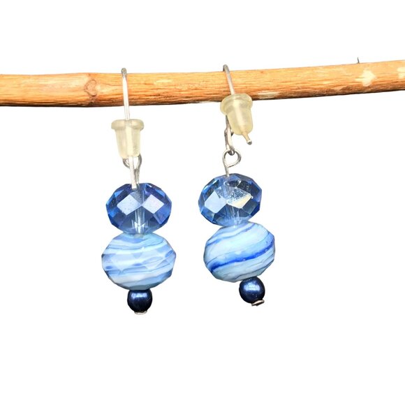 Dangling Blue Art Glass Earrings, Vintage, Made with Swarovski Crystals - Picture 2 of 4
